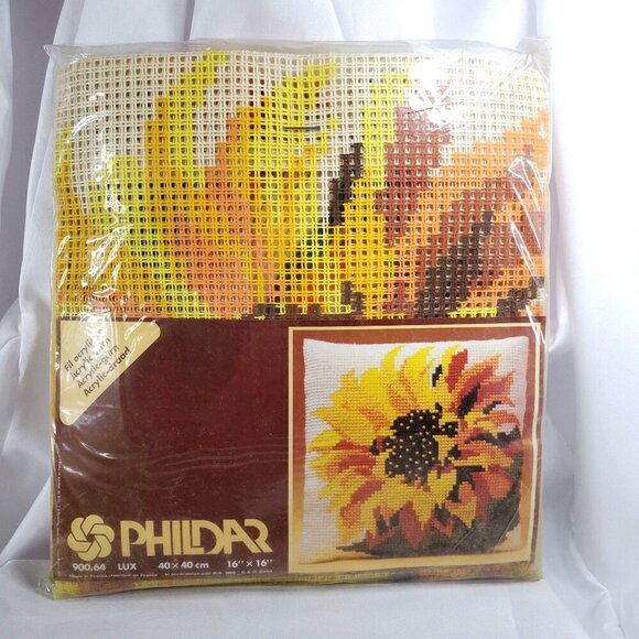 Phildar Other - Vintage Phildar Sunflower Needlepoint Cushion Kit With Acrylic Yarn 16" x 16"